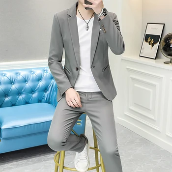 2023-Nový (Sako+ Nohavice) pánskej Módy Business Bežné kórejský Slim Gentleman Farbou Britský Štýl Elegantný Oblek 2-dielna Sada