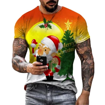 2024 Vianočné Oblečenie pre Mužov Santa Claus Kolekcia 3D Vytlačené T-tričko s Okrúhlym Výstrihom, Šport Voľný čas Fitness Krátke Rukáv Top