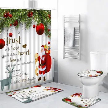 4pcs Vianočné Sprchový Záves Set s Koberec Inšpiratívny Citát Cartoon Santa Claus Nový Rok Slávnostné Tému Polyester Kúpeľňa Mat