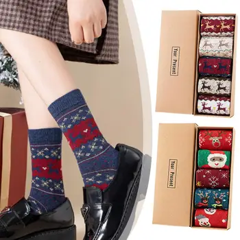 5 Pár Vianočné Ponožky Darček Ženy Bežné Ponožky Zimné Cartoon Vianoce, Vianoce Teplou Termálnou Darček Vintage Bavlnené Ponožky Teplé L1y8