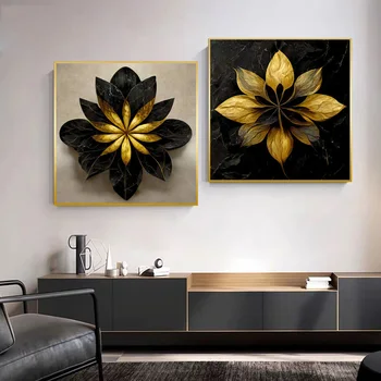Abstrakt Golden Flower Art Vytlačí Nordic Stenu Dekor Čierny Mramor Pozadí Yellow Leaf Plagát Na Plátno, Maľovanie Na Izbu