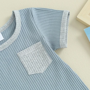 Baby Boy Letné Oblečenie Patchwork Rebrovaný Posádky Krku, Krátke Sleeve T-Shirts Elastický Pás Šortky Oblek