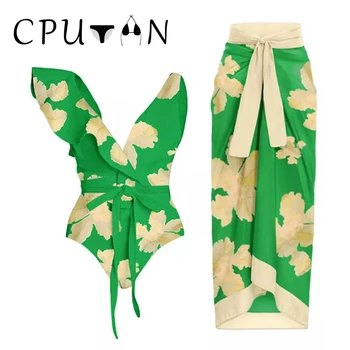 CPUTAN 2024 Prehrabať V Krku jednodielne Plavky Ženy, Plavky, Plážové Oblečenie zakryť Žena Zelená Tlač Sukne, plavky Bikiny