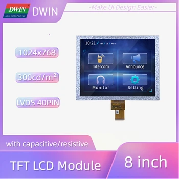 DWIN 8 Palcový LVDS 40PIN 1024x768 Úplné Zobrazenie Uhla IPS TFT LCD Modul 300nit Odporové, Kapacitné Dotykový Panel LI10768T080IA3098