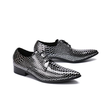 Hadí vzor krajky-up oxford módne falt pravej kože ukázal prst šaty topánky pre mužov strany svadobné topánky veľkosť 38-46