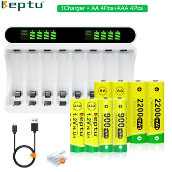 KEPTU 4pcs 1.2 V aaa nabíjateľná batéria 900mAh a 4pcs 2200mAh AA NI-MH batéria s 8 sloty Rýchly Nabíjačky Batérií