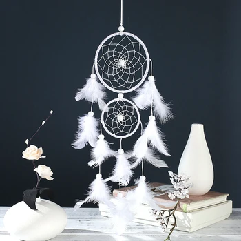 Kreatívne ručne tkané biele dve-krúžok pierko ornamenty, obývacej izby, spálne dekorácie na stenu visí dream catcher prívesok darček