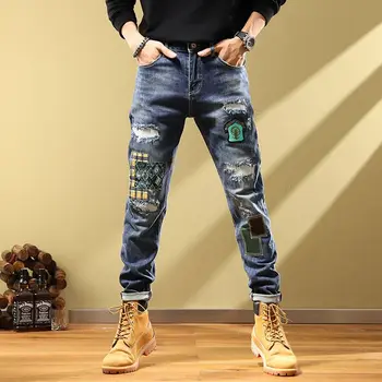 Kórejský jeans pánske pekný patch Roztrhlo vintage džínsy jeseň roku 2022, univerzálne elastické Európskej a Americkej mládeže nohavice