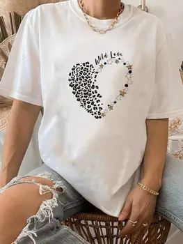 Leopard Láska Srdce Trend Roztomilý Print T Shirt Oblečenie Letné Top Základné Ženy Oblečenie Móda Krátke Sleeve Tee Grafické T-shirts