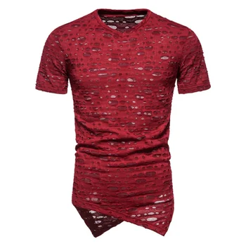 Nové Letné 6-farebný úsek fitness pánskej módy vyprázdnené-out otvor punk štýl tvaru krátky rukáv spodná T-shirt