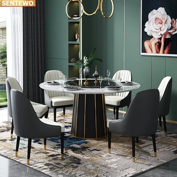 Návrhár Luxusných okrúhly jedálenský Mramoru Rock Plát jedálenský stôl set 4 stoličky mesa de jantar comedor marbre Nehrdzavejúcej ocele gold base
