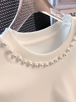 Návrhár Luxusných Perly Topy T-Košele pre Ženy Lete roku 2023 kórejský Fashion White Black Camisetas Tees Bežné Tričko De Mujer