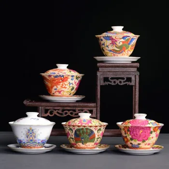 Smalt Farba Kvetinový Vzor Sancai Gaiwan Porcelánu Kungfu Infuser Kuchyňa Teaware Čajové Misky Pitnej Príslušenstvo