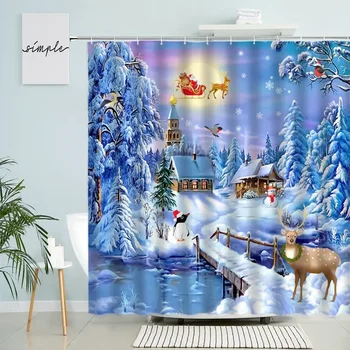 Veselé Vianoce Sprchový Záves Sen Lesa Snehu Noc Zobraziť Santa Claus Elk Kúpeľňa Dekor S Hákom Nepremokavé Polyesterové Obrazovke