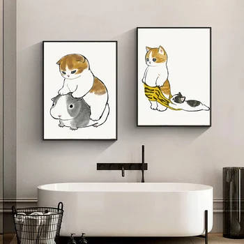 Wc Mačka Hrá Mobilný Telefón Papier Plagát Jednoduché Pet Vytlačí Plátno Na Maľovanie Na Stenu Umenie Obrázky Domov Kúpeľňa Miestnosti Dekorácie