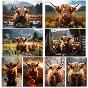 Wild Škótsko Highland Krava Zvierat Plagát Farmy hovädzieho Dobytka Portrét Vytlačí Plátno na Maľovanie na Stenu Umenie Obrázok pre Obývacia Izba Domova