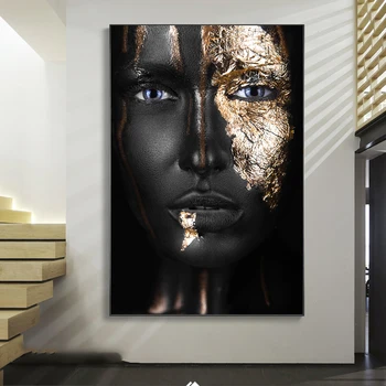 Čierny Dievča So Zlatými Make-Up Plátno Moderné Obrazy Na Stenu Umenie Plagáty A Vytlačí Africkej Ženy Obrazov Na Stenu Cuadros Dekorácie