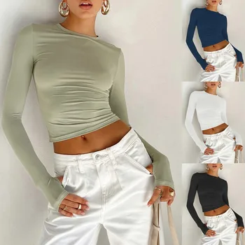 Ženy Lete Camis Fashion T-shirt Long Sleeve Crew Krk Pevné Slim Fit Dámy Orezať Začiatok s Palcom Otvory pre Denné Streetwear